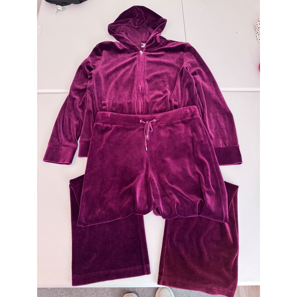 Jones New York‎ Sport Velour Tracksuit Set Burgundy Zip Hoodie Wide Leg Pants kk